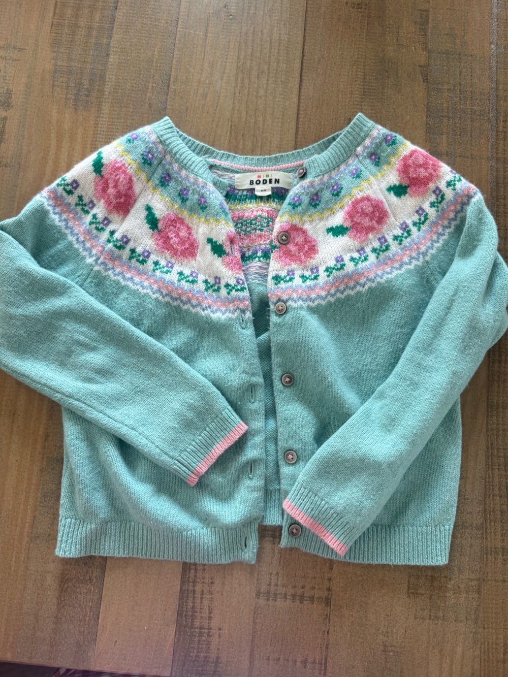 Mini Boden Mint Cardigan with Pink Floral Yoke